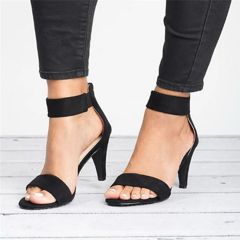 

SLHJC Women Summer Sandals Open Toe High Spike Heel Cover Heel Ankle Buckle Plus Size Pumps Sandals Leopard Flock Female Shoes