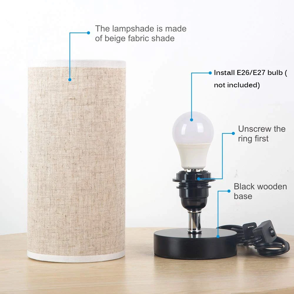 Тканевый абажур прикроватная настольная лампа со сплошное деревянное основание минималистичный ночник длинный кабель питания с E27 обычная лампочка