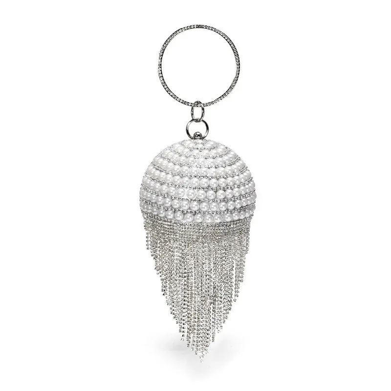 Luxy Moon Silver Round Pearl Glitter Clutch Bag Front View