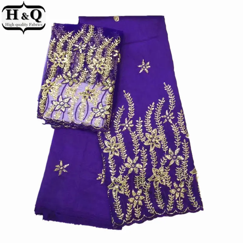 

Elegant Purple African George Lace Fabric 5 yards Embroidered With Stone&Sequin + 2 yards French Net tulle lace for Party Dress