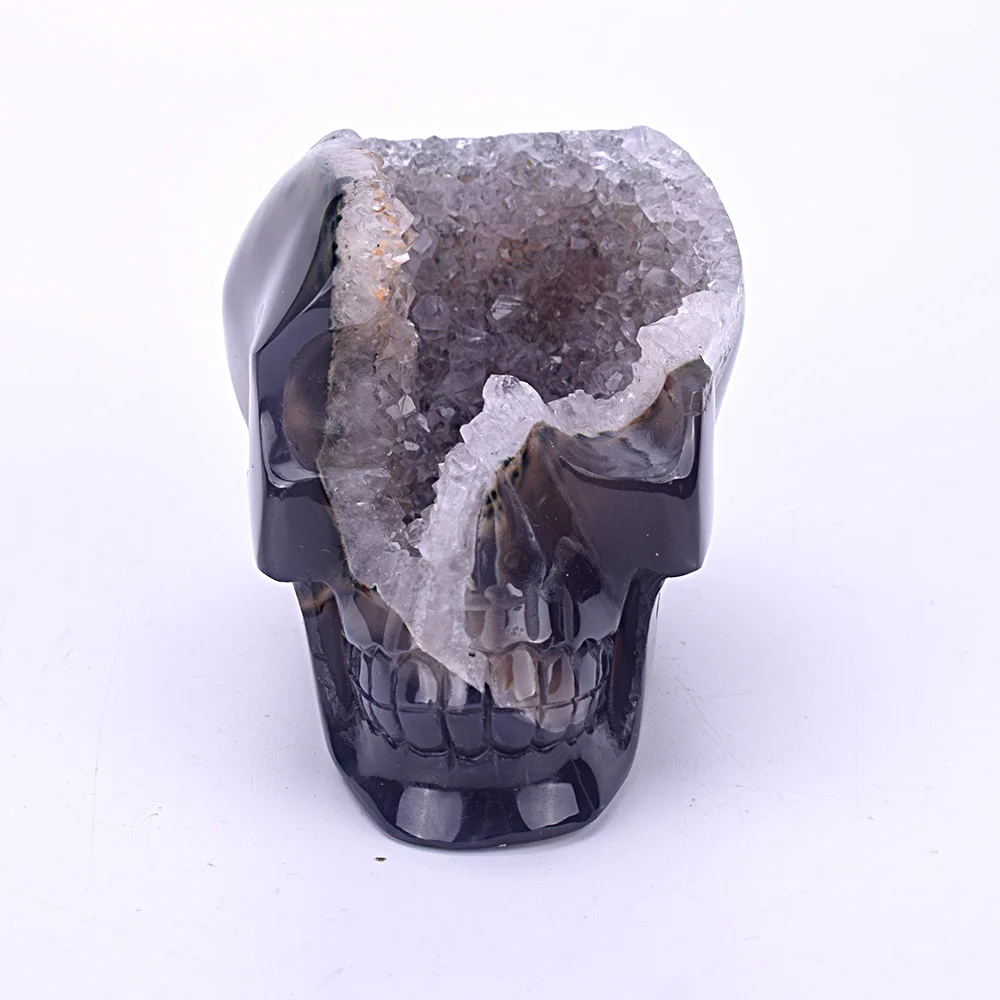 

3.8'' Crystal Healing Stone Skull Figurine Crystal Skull Statue Carved Natural Agate Geode Healing Skull Sculpture Home Decor
