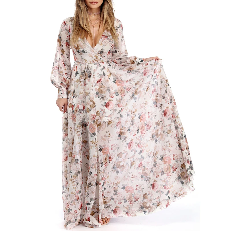 Plus Size Maxi Long Women Spring Summer Boho Beach Dress Loose Female Floral Print Chiffon Long Sleeve Casual Party Vestidos
