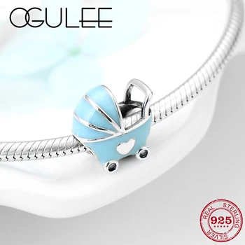 

100% real 925 Sterling Silver Lovely baby cart Blue Enamel DIY Beads Fit Original European Charms Bracelet Female jewelry making