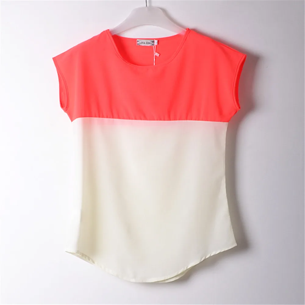 2015 Summer Style Women Chiffon Blouse Shirts Blusas Red Short Sleeve Shirt Feminina Blusa Patchwork Camisa Tops LY1362MR |