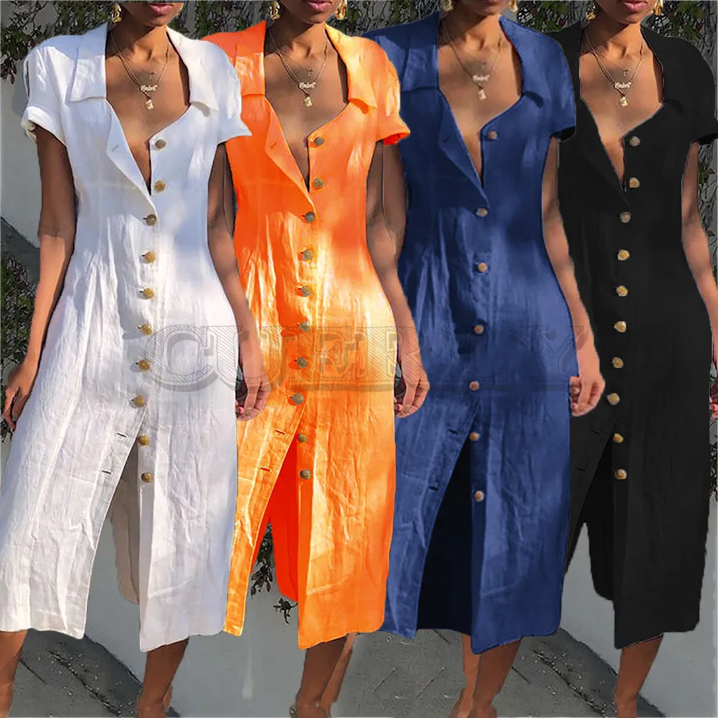 Image Womail Short Sleeve Solid Color Button Design Linen Meterial Loose Party High Quality Fashion Beach Dress Women 19MAR27