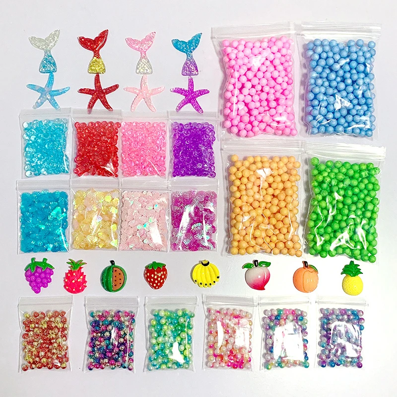 

34Pcs/Set Model Clay DIY Slime Kit Foam Balls Charms Sequin Sponge Starfish Pearl Fruit Slices Fishbowl Beads for DIY Craft Gift
