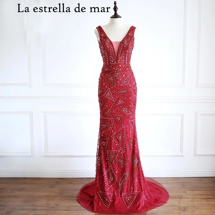 

robe de soiree longue 2019 new sexy V-neck lace crystal sexy mermaid red evening dress luxury abiye pretty abendkleider