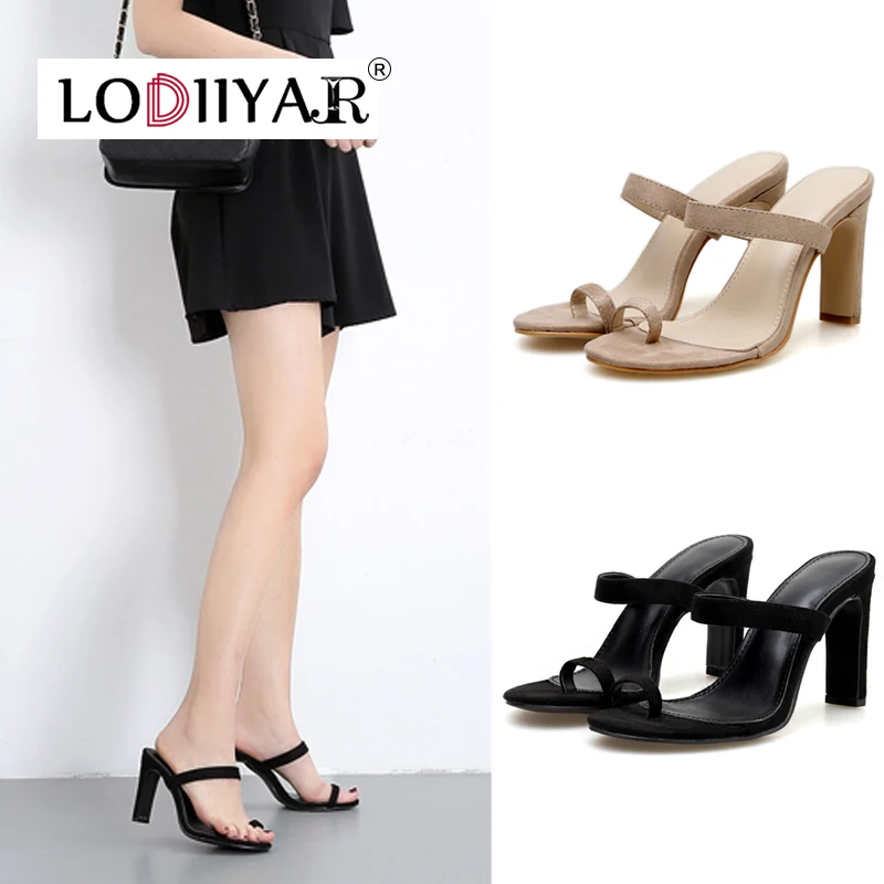 

Women Slippers High Heels Toe Strap Slip On Concise Sandals Thick Heel Party Wedding Pumps Office Ladies Shoes Fashion Black