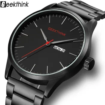 

GEEKTHINK Top Brand Stainless Steel/ Genuine Leather Fashion Men's Watches Date Week Display Quartz Clock Male Relogio Masculino