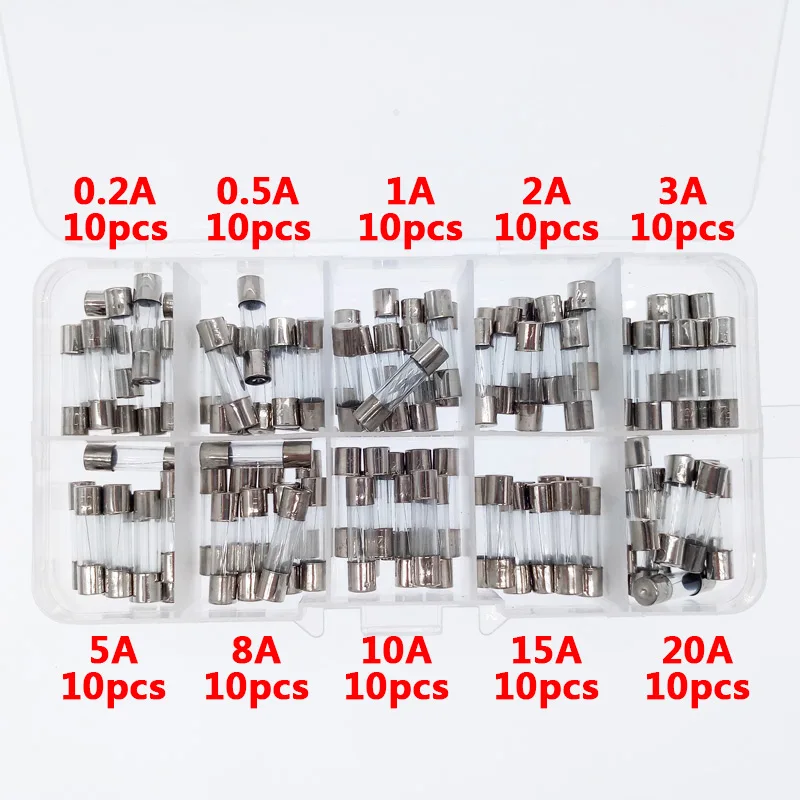 100 шт. быстродействующие Стекло набор предохранителей 5x20 мм трубки предохранители 0.2A 0.5A 1A 2A 3A 5A 8A 10A 15A 20A