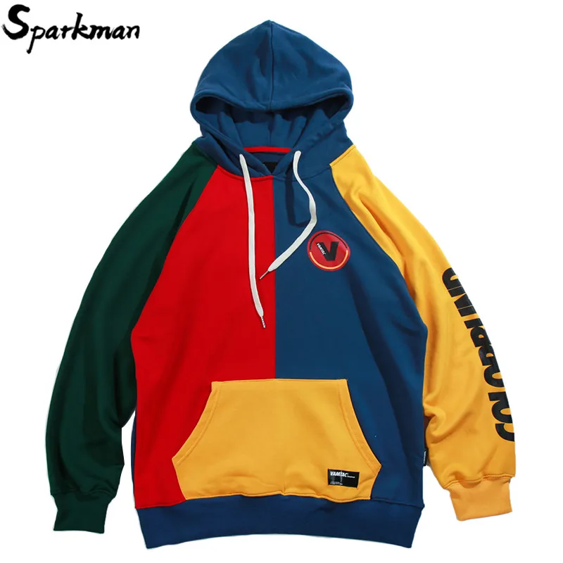 Для мужчин хип хоп свитер с капюшоном Harajuku цвет блок лоскутное Толстовка уличная одежда в стиле хип-хоп пуловер 90 s Hipster осень 2018