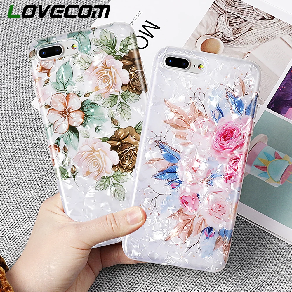

LOVECOM Shell Texture Case For iPhone X XS Max XR 6 6S 7 8 Plus Valentine Gifts Flower Full Body Soft IMD Phone Back Cover Coque