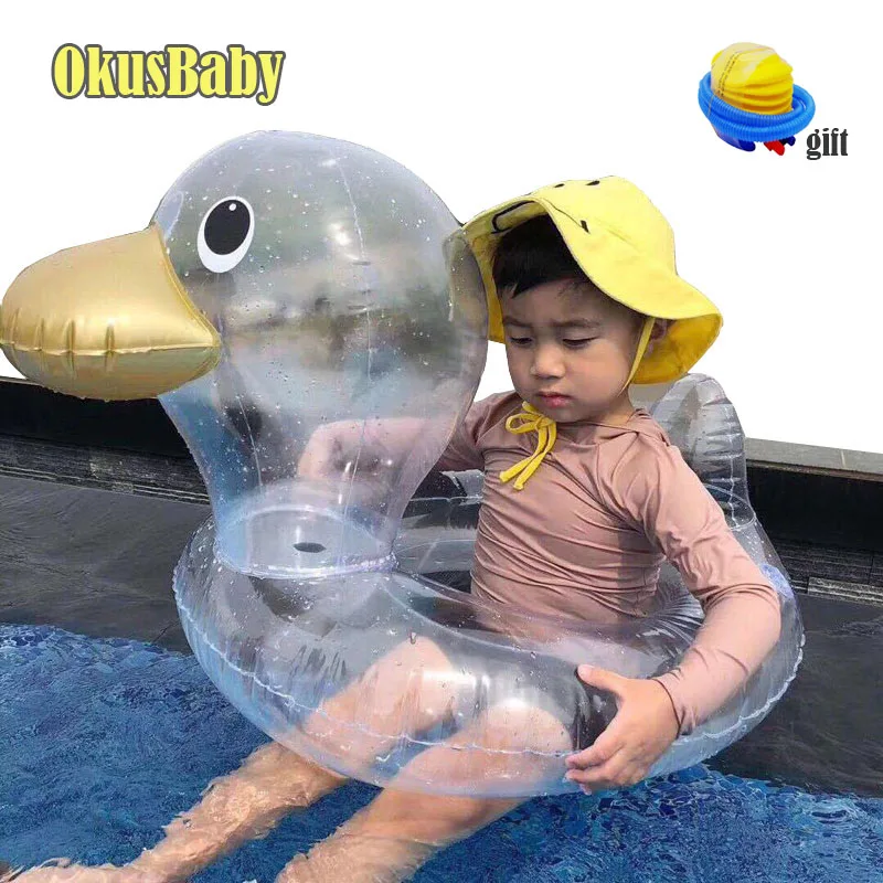 

2019 Summer Inflatable Transparent Baby Swim Ring Floate Cartoon Duck Toys Bath Water Toy Pool Rafts Size For Children Free Pump