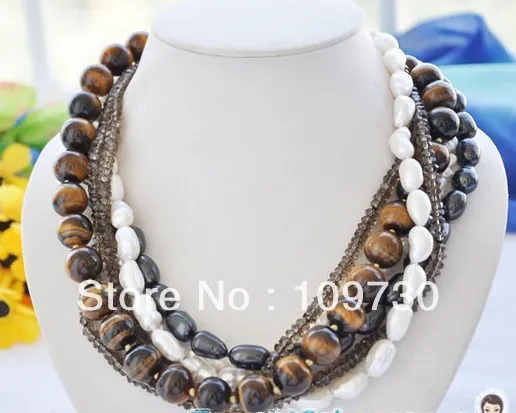 

Jewelry 001692 6row white black pearl Smoky quartz tiger's-eye NECKLACE