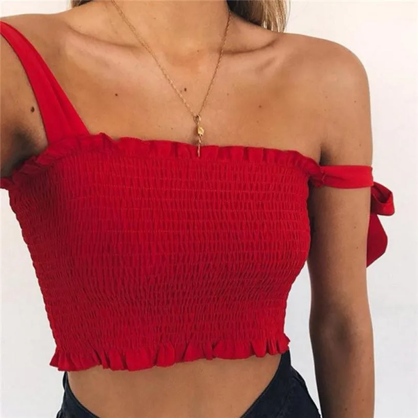 Sexy Fashion Bow Knot Pleated Slim Casual Tank Vest Bandage Halter Crop