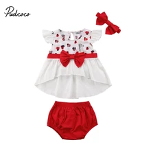 Брендовый летний топ на бретелях без рукавов для маленьких девочек, комплект из 3 предметов: платье+ шорты, пляжный костюм с принтом в виде сердца и бантом