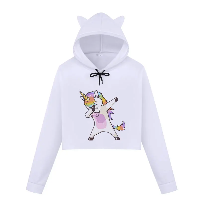 

2019 Autumn New Women Crop Top Hoodies Funny Puppy Unicorn Cartoon Print Kpop Hoodie Long Sleeve Harajuku Cute Kawaii Sweatshirt