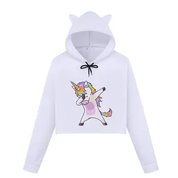 

2019 Autumn New Women Crop Top Hoodies Funny Puppy Unicorn Cartoon Print Kpop Hoodie Long Sleeve Harajuku Cute Kawaii Sweatshirt