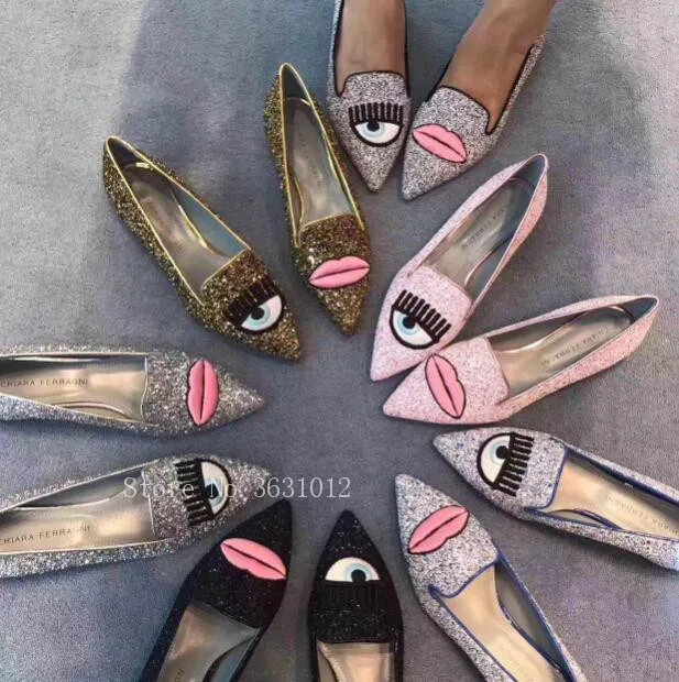 

2019 New Arrival Bling Spring Pink Silver Glitter Big Eyelash Flats Shoes Woman Pointy Toe Lip Slip On Smoking Sapatos Loafers