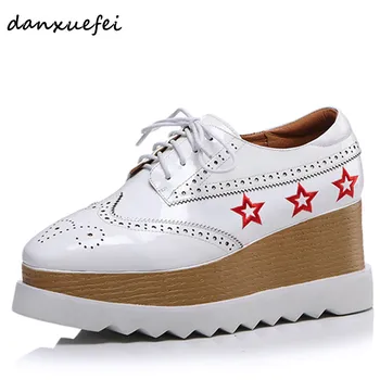 

Plus size women's genuine leather wedge platform flats oxfords brand designer leisure brogues espadrilles comfortable shoes sale