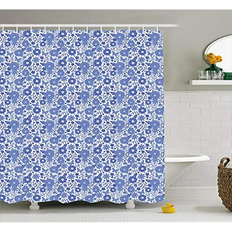 

Vixm Dutch Shower Curtain Delft Style Flowers in Doodle Style Abstract Petals Leaves Butterflies Cloth Fabric Bath Curtains