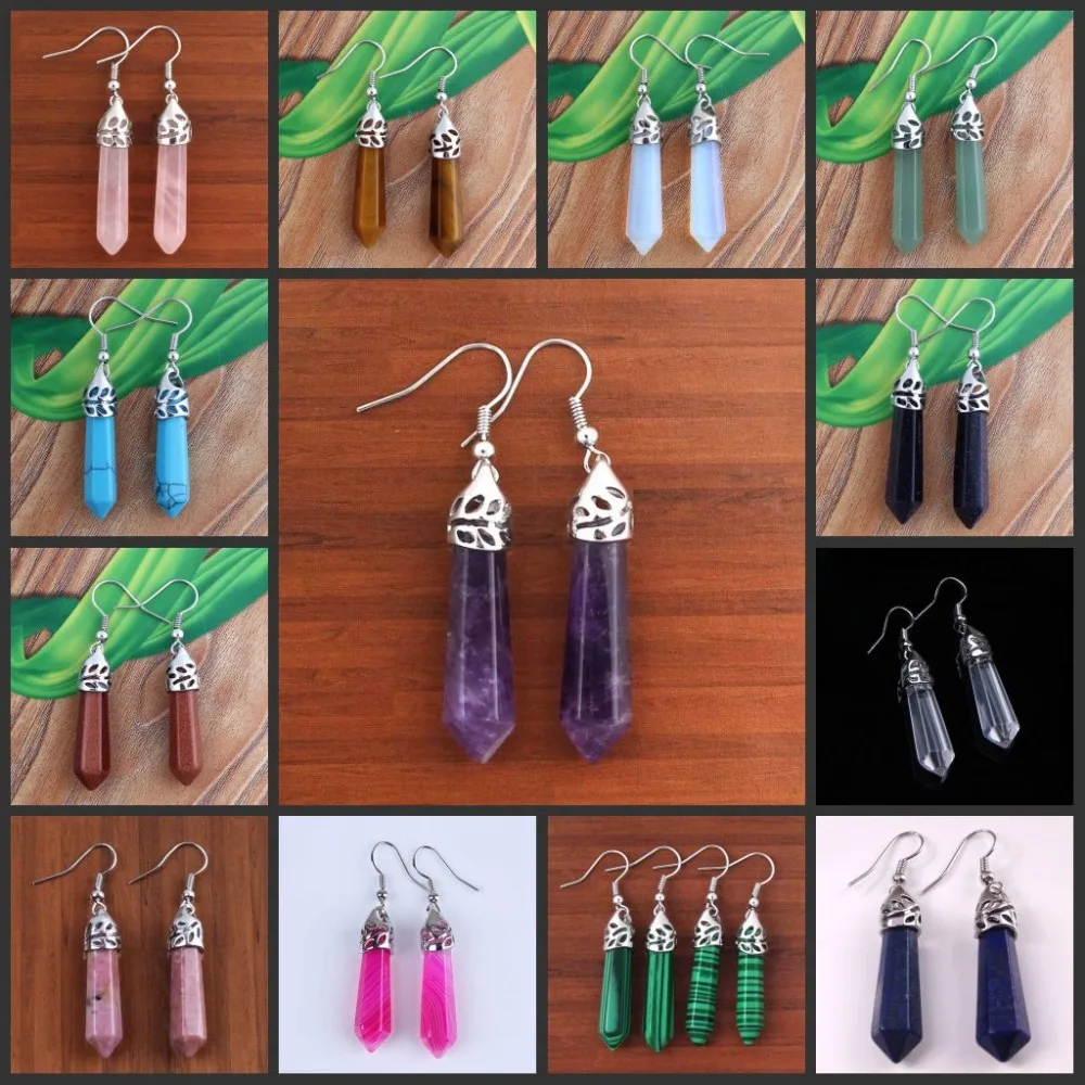 Dangle Earrings Drop Earrings Crystal Earrings Natural Healing Crystal Rose Pink Quartz Stone Earring Lapis Lazuli Amethyst Hexagon Column Dangle Hook Earrings For Women Girls