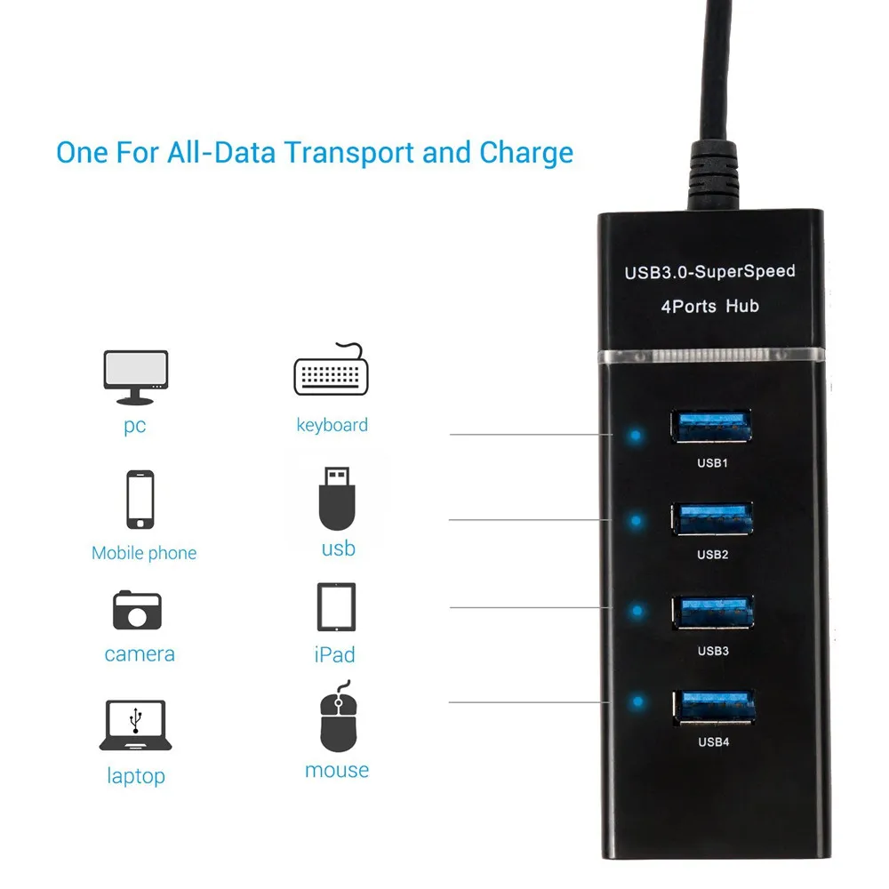 Портативный USB 3,0 Супер скорость 4 порта концентратор со светодиодный светильник ультра тонкий USB разветвитель Кабель-адаптер для ноутбука, USB флэш-накопители