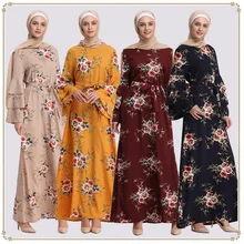 Abayas женская мусульманская одежда с цветочным принтом модные бандажные платья Хиджаб Макси мусульманское платье Бангладеш Кафтан Дубай, Турция Халат