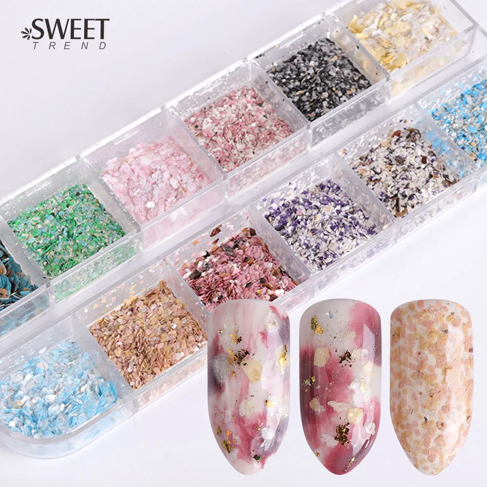 

1 set 12 Grid Colorful Marble Irregular Nail Sequins 3d Fine Nail Glitter Powder Manicure Flakes Paillette Nail Decoration LA546