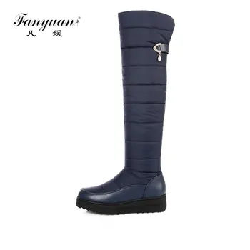 

Fanyuan Women Over The Knee Boots Winter Snow Boots Zipper Platform Round Toe low heel Shoes Winter Warm Sweet Rhinestone Boots