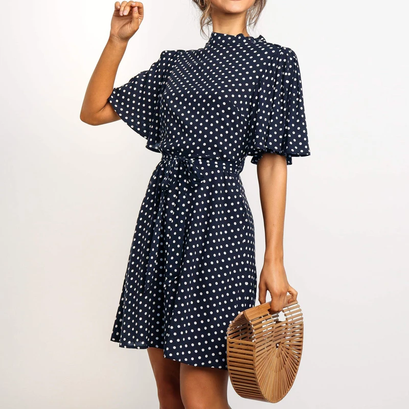 2020 Polka Dot Dress Women Summer Boho Beach Chic Mini Dress Casual Short Sleeve Ladies Office Elegant Dress Vestido Mujer