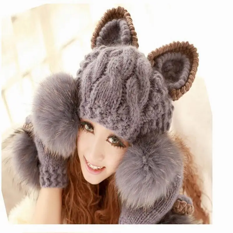 

Faux Fur Ball Wool Hat Cap Super Cute Winter Warm Korean Women Devil horns Cat Ear Knit Beanie