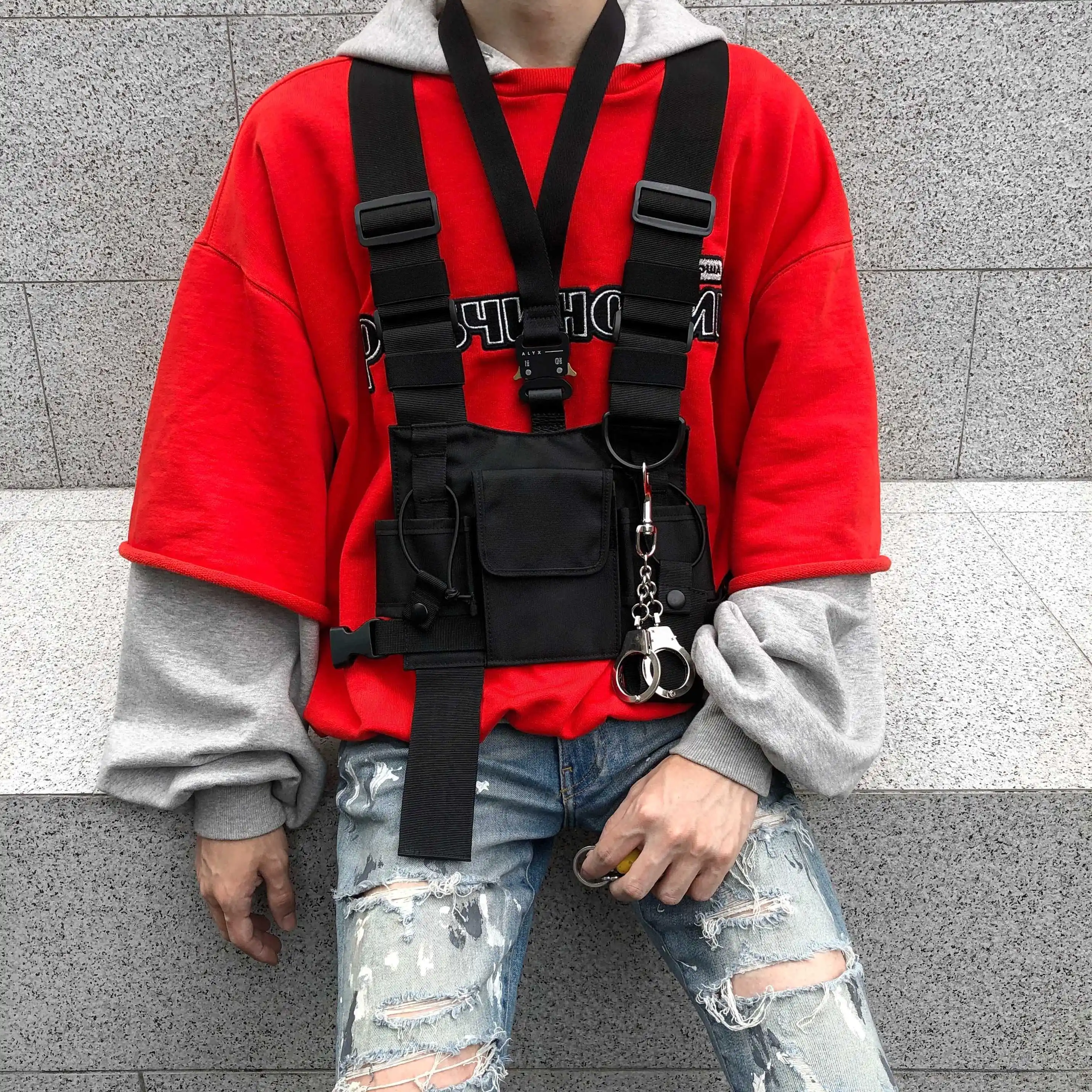 

2019 men and women tactical breast pockets hip hop funny street function tactical bag belt bag Western cross shoulder bag