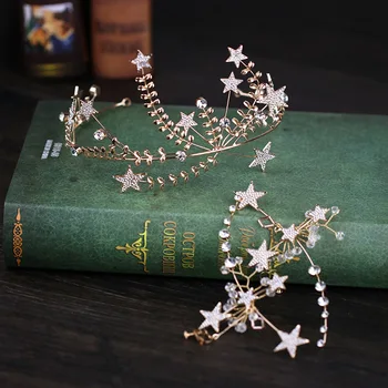 

2018 New Grogeous European Star Crystal Bridal Tiara Earrings Sets Wedding Party Crown Hairband Women Hair Jewelry Accessories