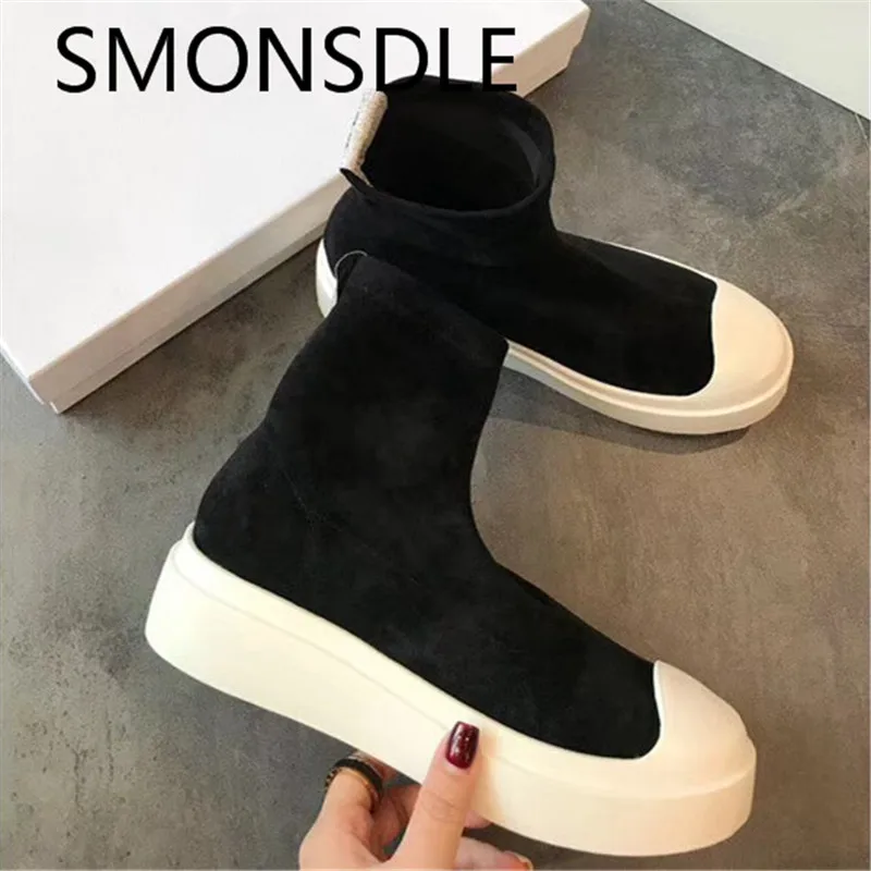

SMONSDLE 2018 New Spring Autumn Black Suede Women Ankle Boots Round Toe Slip On Women Short Flat Boots Shoes Woman