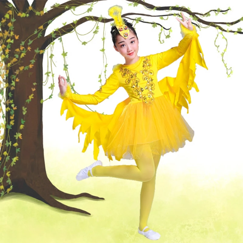 Новое поступление; белый и желтый детский балетный костюм с маленькой птичкой; танцевальный костюм с крыльями и пушистыми балетными костюмами для девочек
