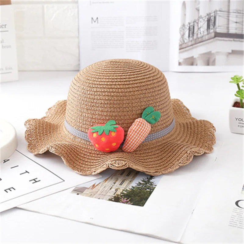 Новое платье для девочек с рисунком клубника летняя соломенная шляпа с сумочкой в комплекте, Детская шляпа для защиты от солнца, для мальчиков и девочек Панама Бич Шапки - Цвет: Хаки