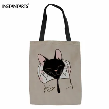 

INSTANTARTS Cute Black Cat Patterns Women Linen Tote Bags Fashion Lady Top-Handle Bag Big Student Girls Tote Handbag Wholesale