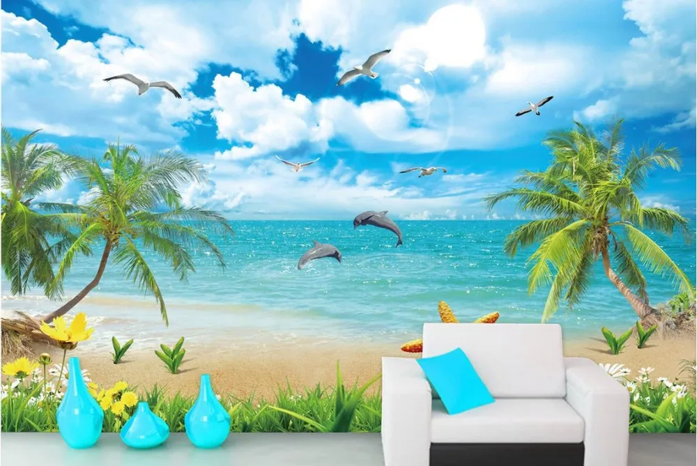 Пользовательские 3d Настенные обои фон Дельфин пляж вид Гостиная