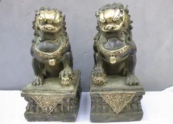 

Chinese Folk classical Bronze Gild Shelter Evil Door Fu Foo Dog Lion Statue Pair