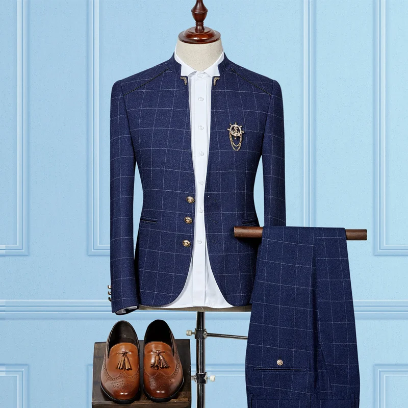 Fashion Business Plaid Suits Men Size 3XL Slim Mens Dress Suit New Popular Stand Collar Man Wedding Suits Fashion Business Plaid Suits Men Size 3XL Slim Mens Dress Suit New Popular Stand Collar Man Wedding Suits