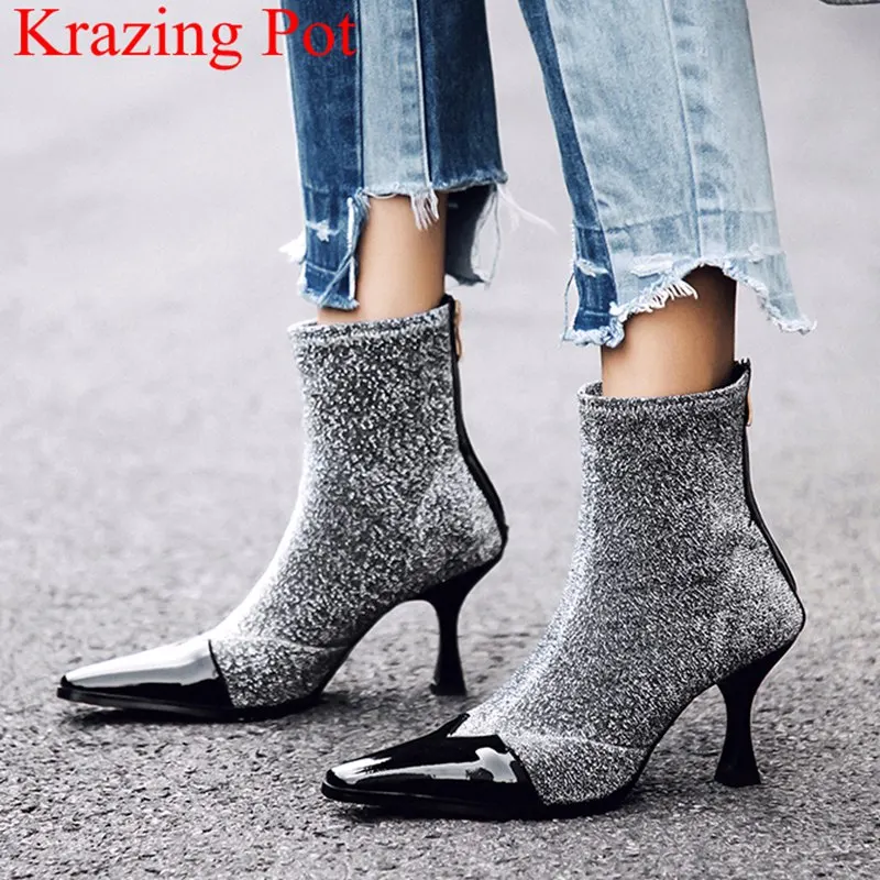 

2018 superstar square toe zipper mid-calf boots elegant strech boots brand high heels strange style handmade winter shoes L05