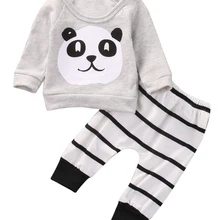 Комплекты одежды для малышей Детская футболка с длинными рукавами и рисунком панды для новорожденных мальчиков и девочек+ штаны в полоску комплекты одежды для младенцев от 0 до 18 месяцев