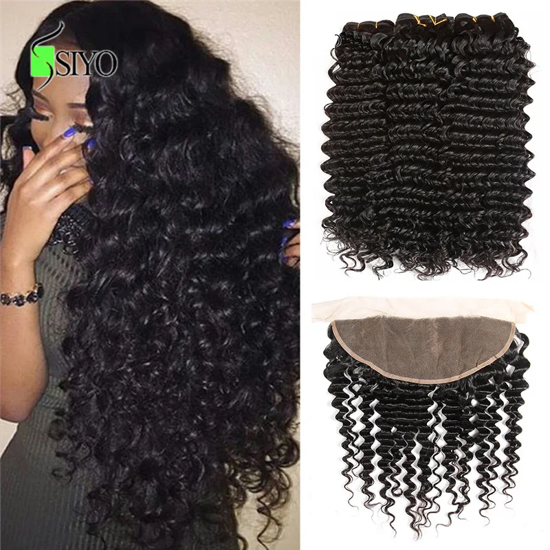 online Siyo 3 Profunda Encaracolado Pacotes com Fechamento Feixes de Cabelo Humano com Laço Frontal Malaio Feixes de Cabelo Onda Profunda com Fecho