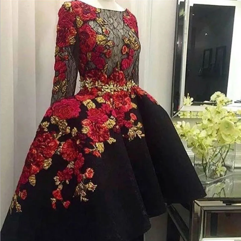 Charming Black Embroidery Lace Long Sleeve Prom Dresses 2016 Applique Satin Hi Lo Sheer See Through Custom Made Evening Dress189