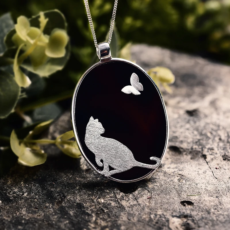 

Lotus Fun Cat and Butterfly Pendant without Necklace Real 925 Sterling Silver Natural Agate Handmade Fine Jewelry for Women
