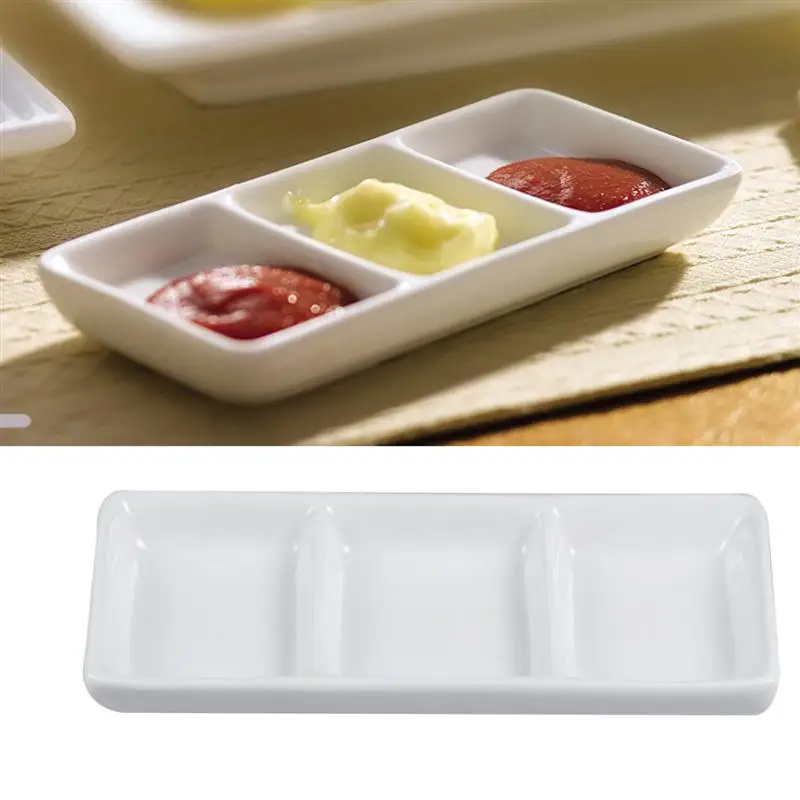 

6 / 8.5 Inch Pure White Ceramic 3-Compartment Appetizer Serving Tray Rectangular Divided Sauce Dishes for Spice Dish Soy Sauce