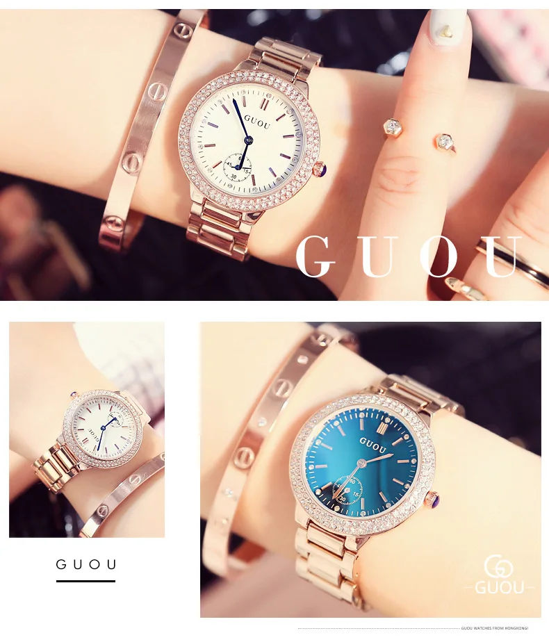Для женщин горный хрусталь часы стильный GUOU Марка элегантная дама полная Сталь циферблат из розового золота часы горячая relogio feminino