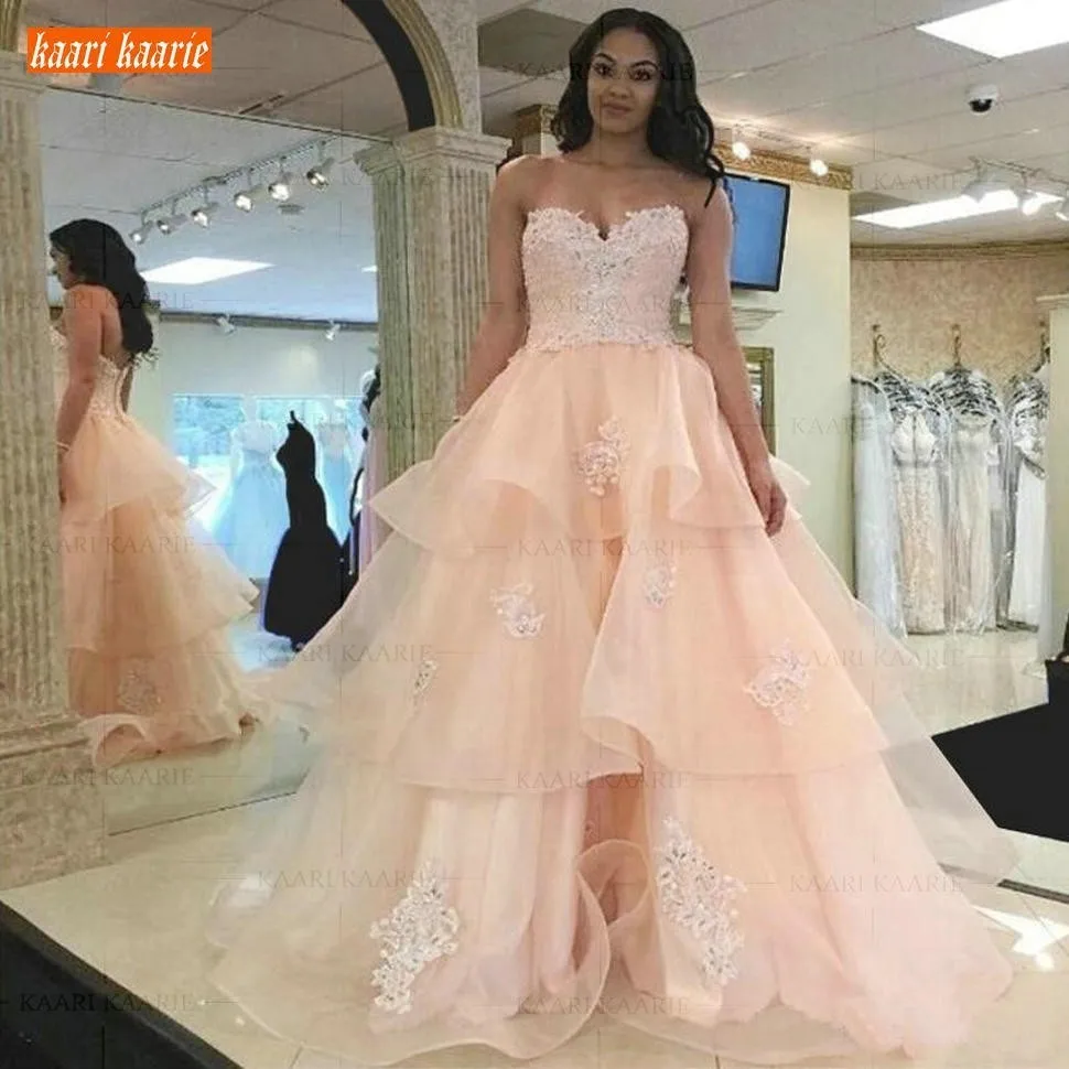 

Gorgeous Sweetheart Pearl Pink Wedding Dress 2019 Ruffle Tiered Organza Lace Appliques Wedding Gown Ball Gown Long Bride Dresses