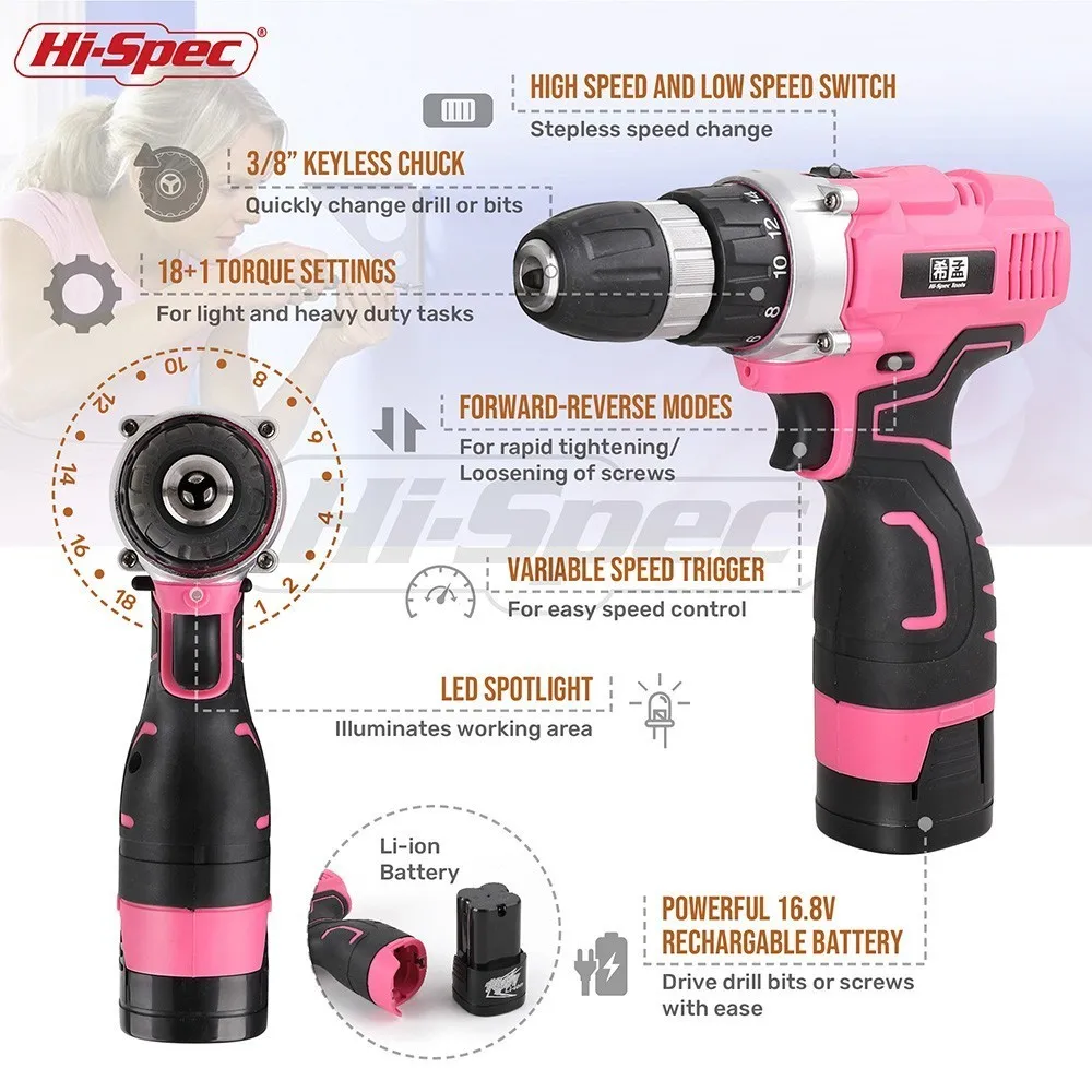 Hi Spec 124 шт розовый инструменты для дома комплект 16 8 V электрическая отвертка литий